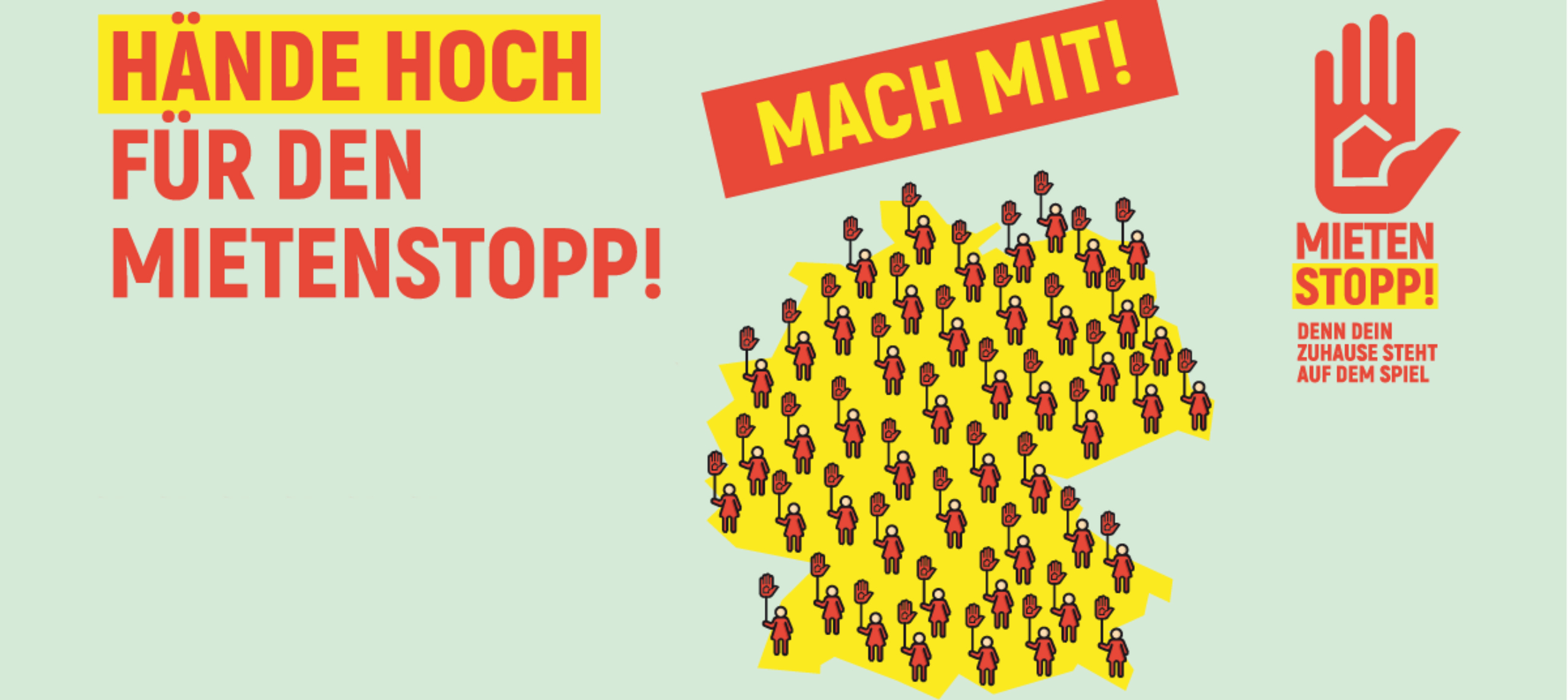 Fotos von Teilnehmerinnen und Teilnehmer, die im Pressetermin Transparente hochhalten.